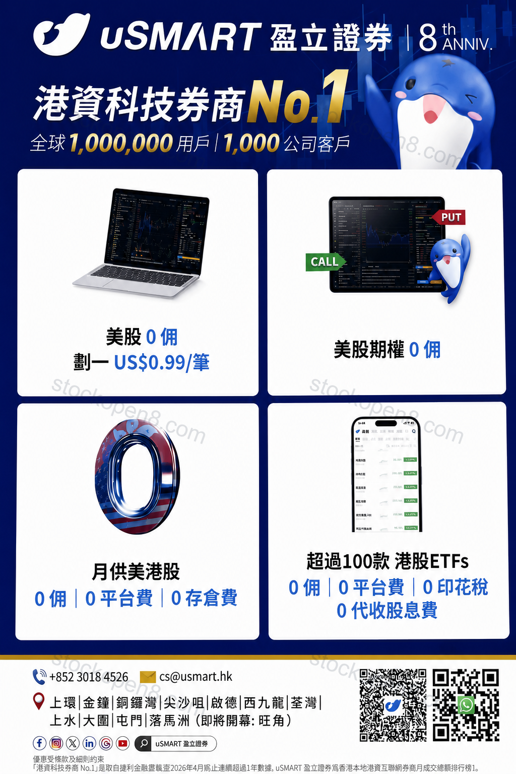 盈立证券交易功能海报,介绍美股、美股期权、月供及港股 ETF 服务,附优惠说明及官方联系方式
