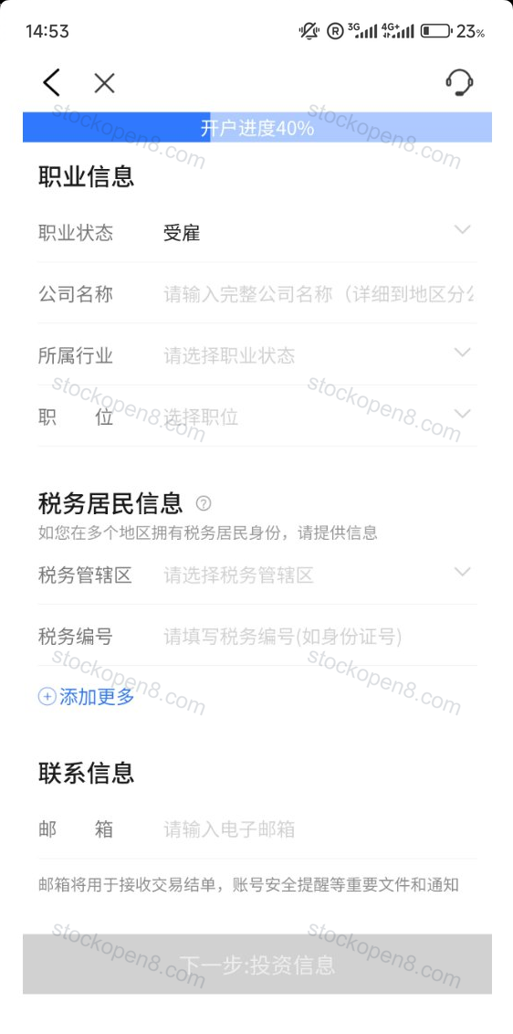 盈立职业与联系信息页,包含职业状态、税务管辖区、税务编号及电子邮箱