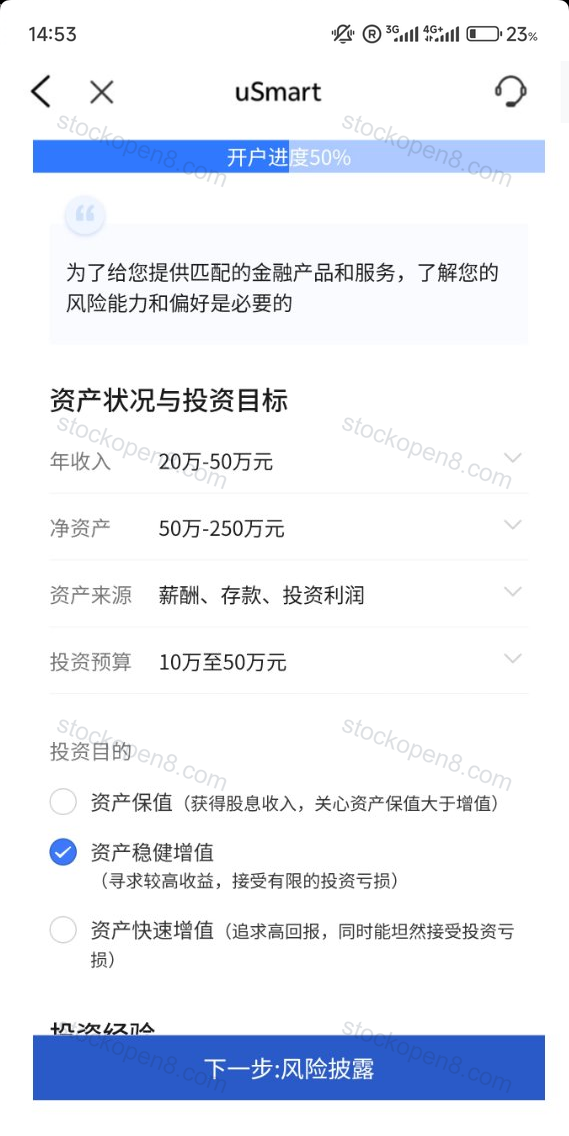 盈立投资信息页,填写收入、净资产、资金来源、投资预算与目标,图中数值仅为示例