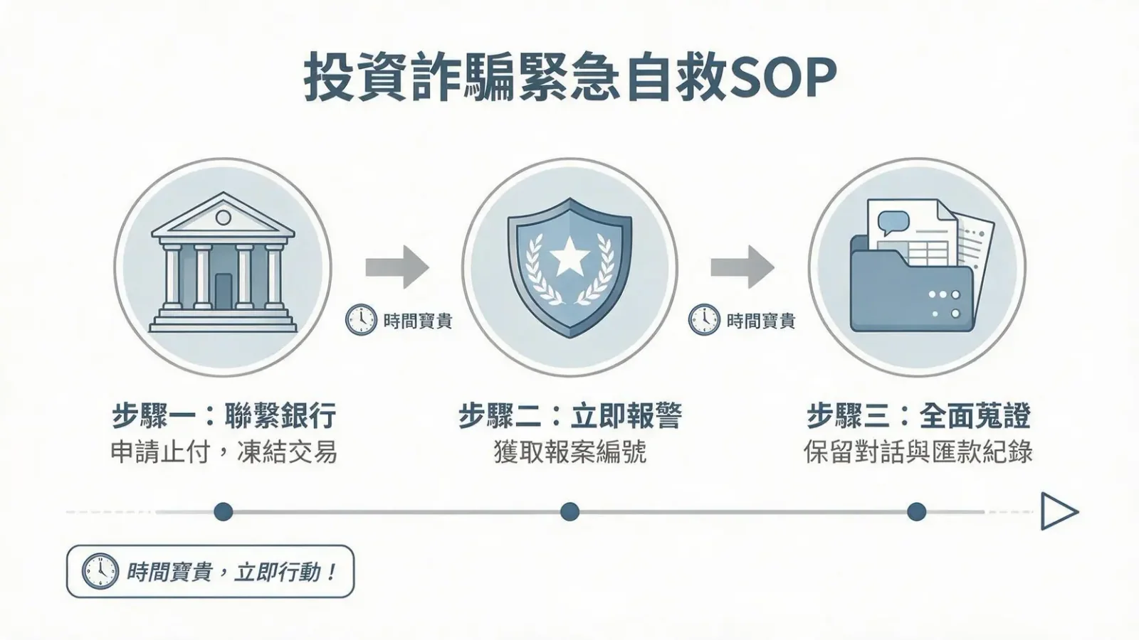 投資詐騙處理流程圖,展示停止轉賬、聯繫金融機構、保存證據和報警。