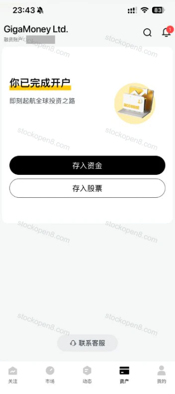 开户完成后的资产页面,账户编号及复制按钮已遮挡